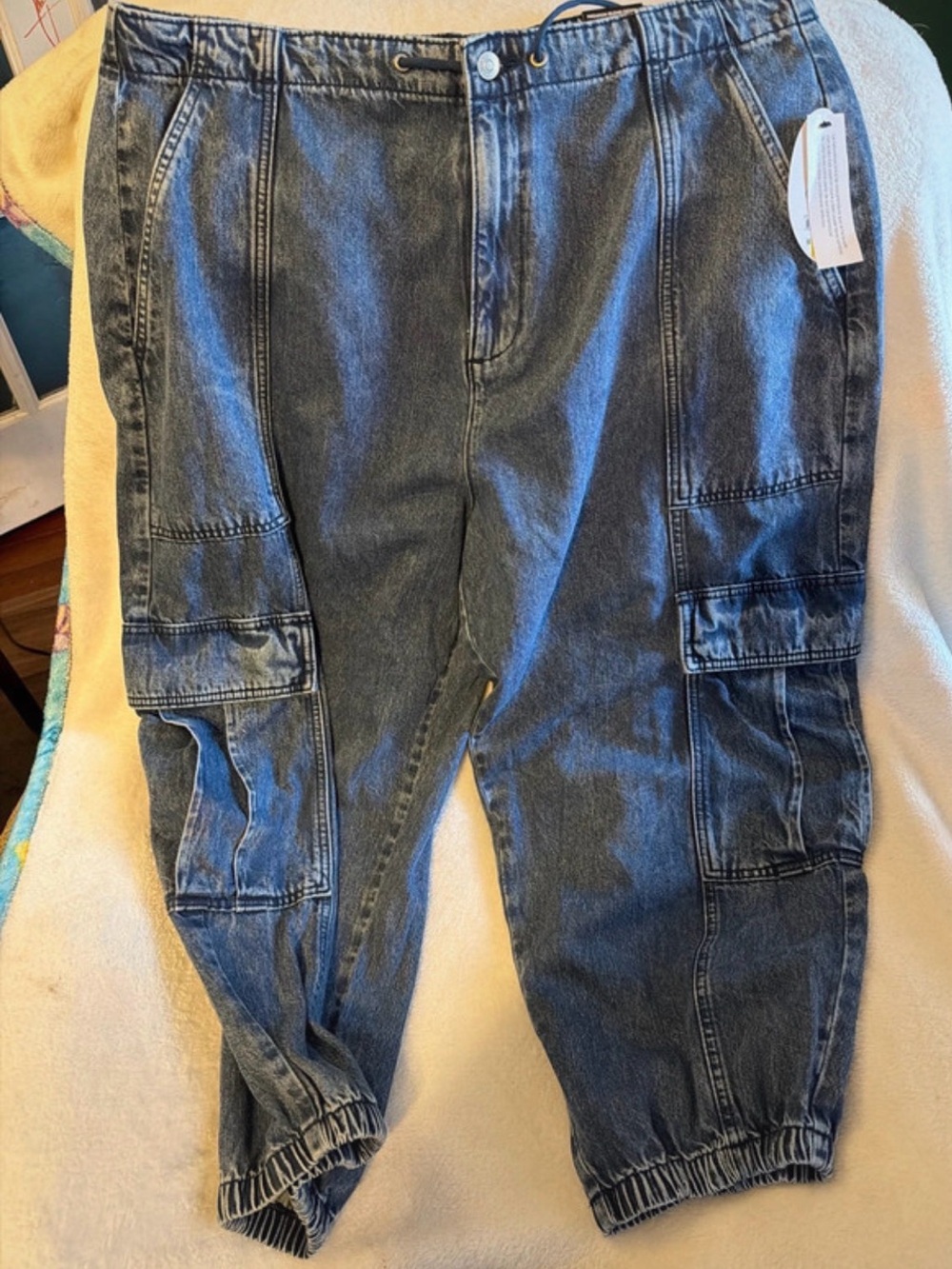 Women’s Cargo Denim Jogger Pants, Washed Blue